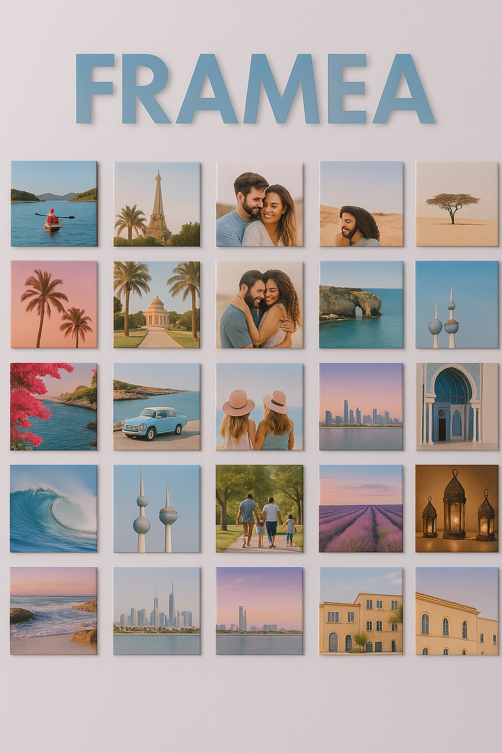 Collage of scenic and lifestyle photos with 'FRAMEA' branding on a white background