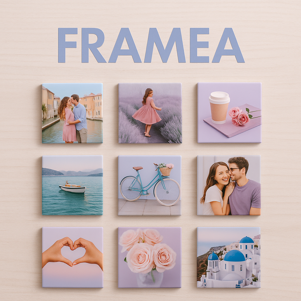 Collection of photo frames with various images and 'FRAMEA' branding on a beige background