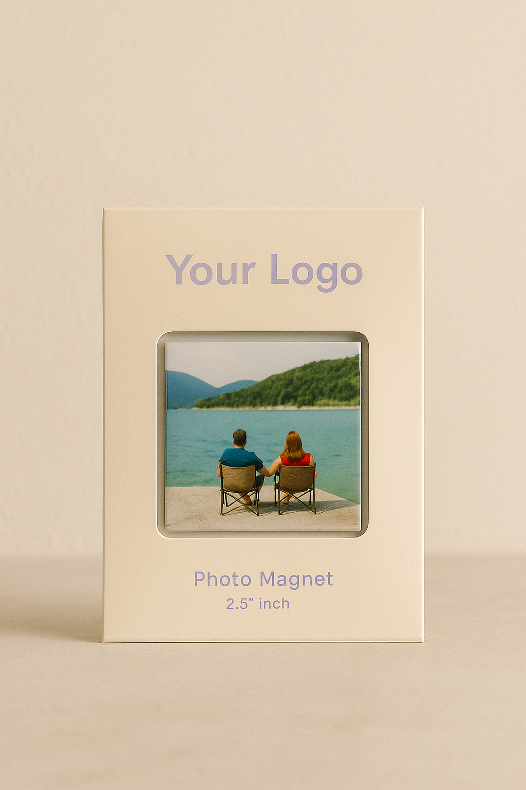 Product packaging for photo magnet with couple on dock design
