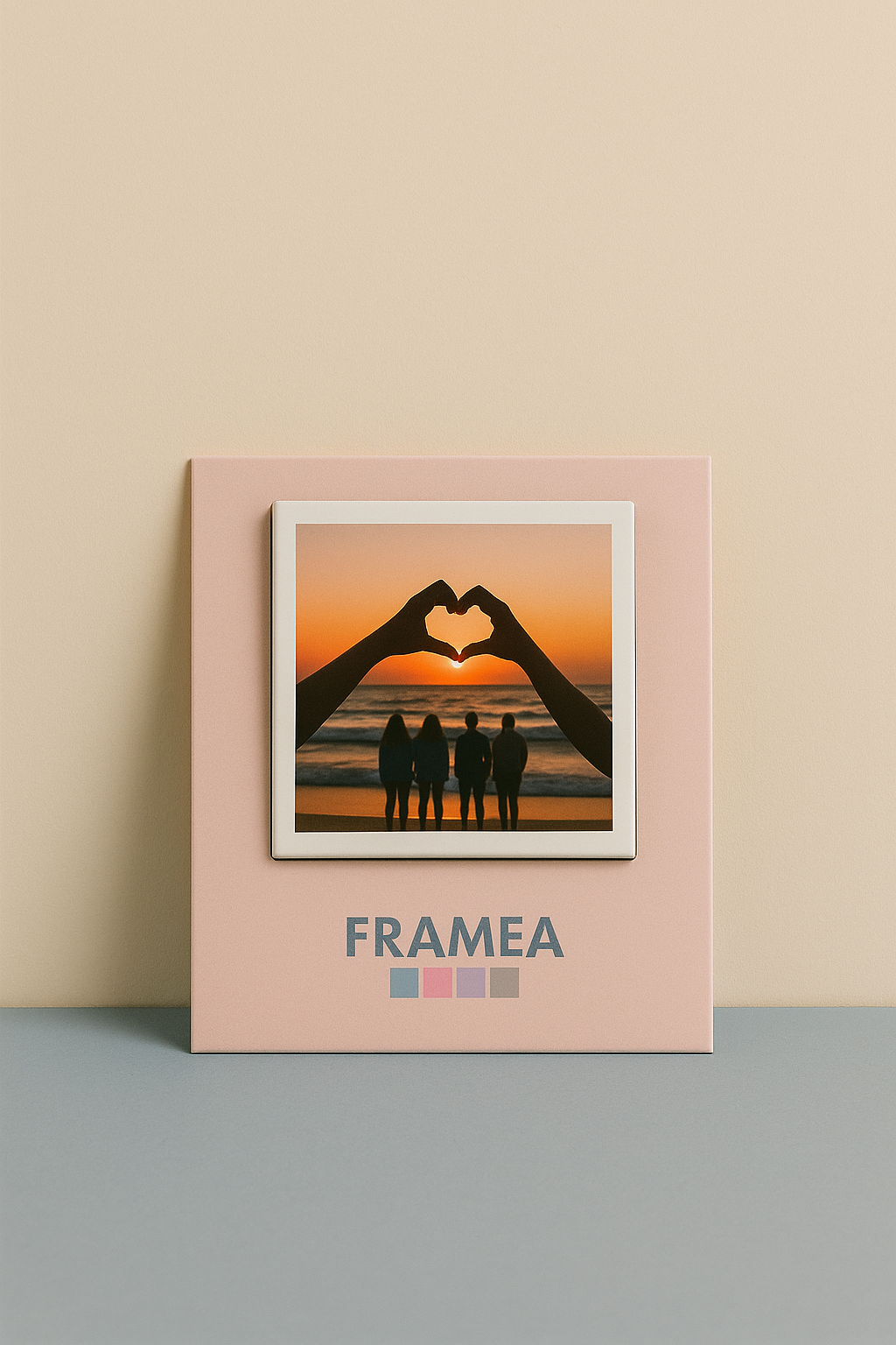 Framed artwork with 'FRAMEA' branding on a beige background