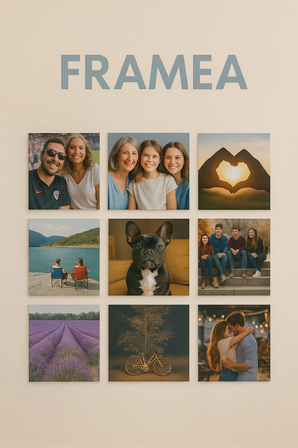 Collage of family photos and scenic images with 'FRAMEA' branding on a beige background