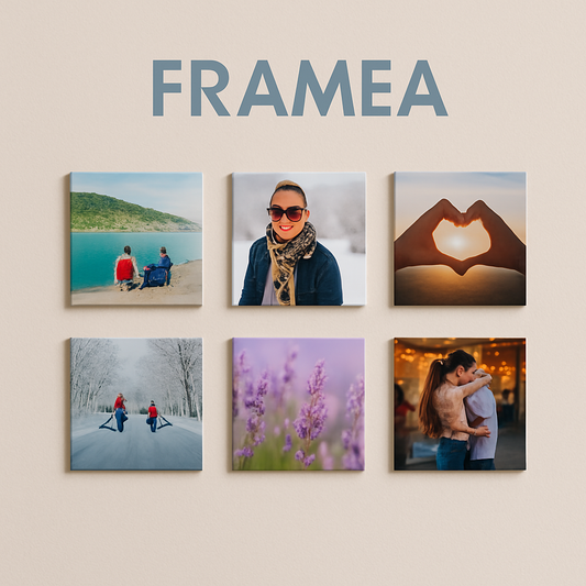Six framed photographs on a wall with 'FRAMEA' branding above.