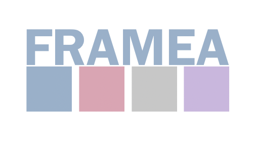 Framea brand logo in blush rose and charcoal gray