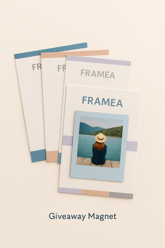 FRAMEA photo frame with a scenic magnet on a beige background
