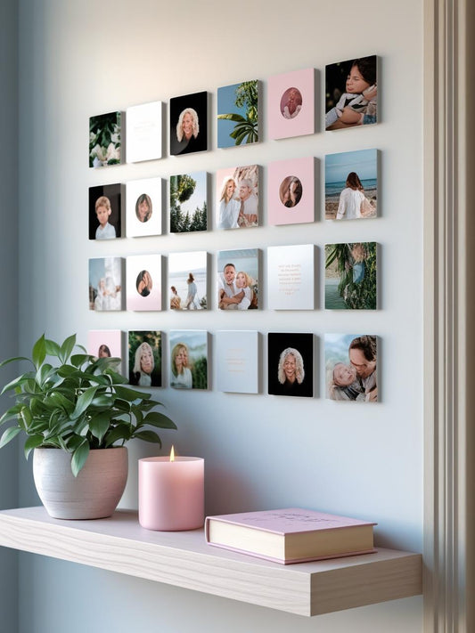 Wall with photo collage, plant, candle, and book on a shelf.
